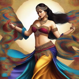 This is a high-quality digital art image, showcasing a belly dancer with a fuller figure