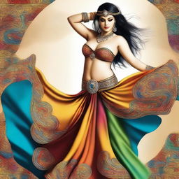 This is a high-quality digital art image, showcasing a belly dancer with a fuller figure