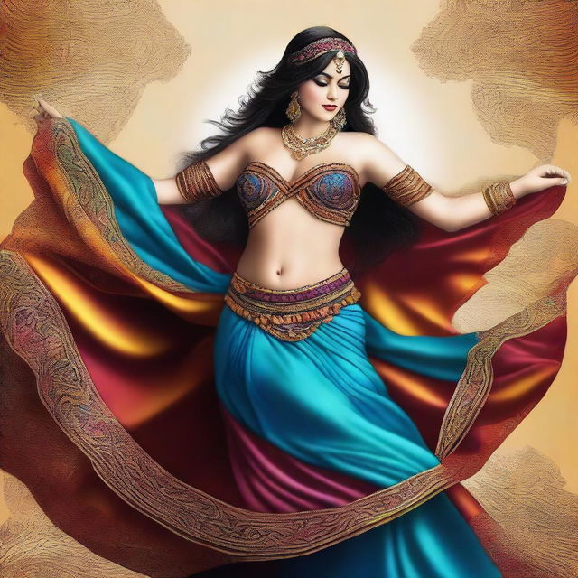 This is a high-quality digital art image, showcasing a belly dancer with a fuller figure