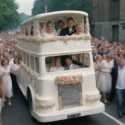 People riding on a bus, carrying a beautifully decorated wedding cake.