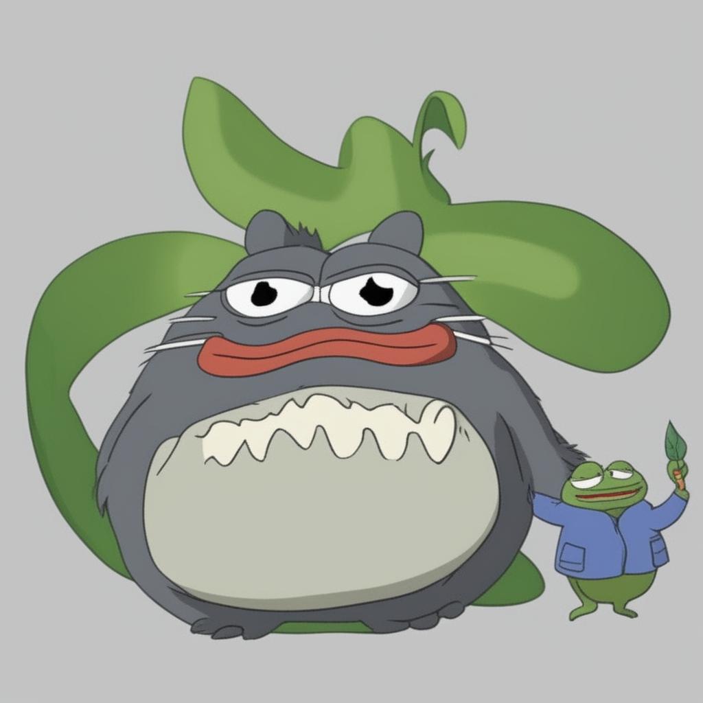 A high-quality digital art image depicting a fusion of Totoro from Studio Ghibli and the meme character, Pepe the Frog