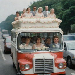 People riding on a bus, carrying a beautifully decorated wedding cake.