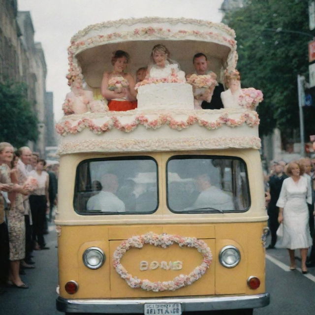 People riding on a bus, carrying a beautifully decorated wedding cake.