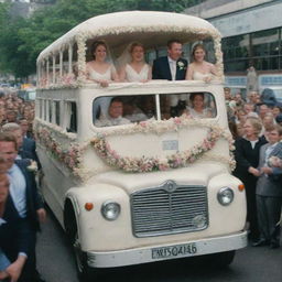 People riding on a bus, carrying a beautifully decorated wedding cake.