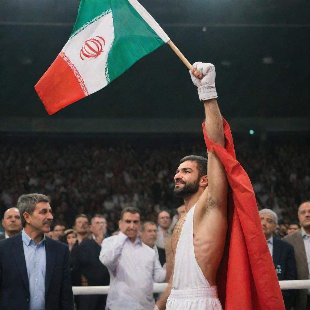 A triumphant man standing in a boxing ring, his gloved hand raised in victory. In his other hand, he waves the flag of Iran passionately.