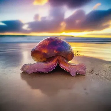 As they strolled along the beach, they admired the stunning colors of the sunset reflecting on the smooth skin of a cephalopod mollusk.