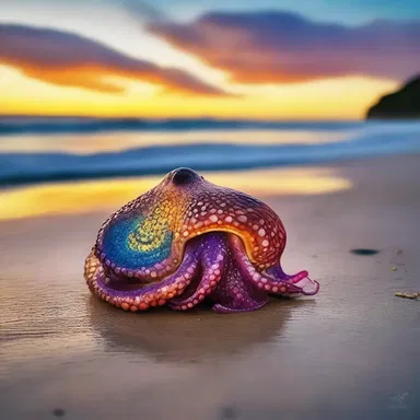 As they strolled along the beach, they admired the stunning colors of the sunset reflecting on the smooth skin of a cephalopod mollusk.