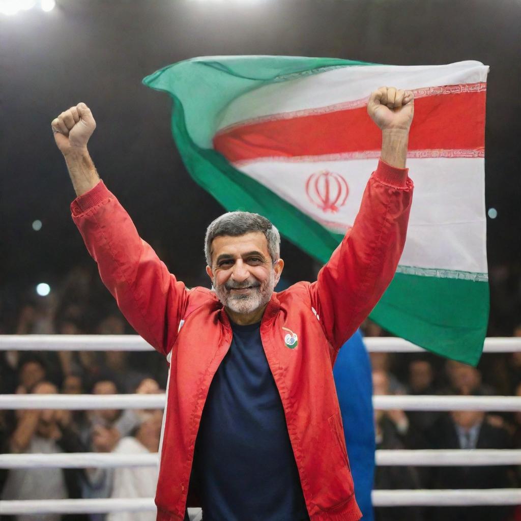 A triumphant man standing in a boxing ring, his gloved hand raised in victory. In his other hand, he waves the flag of Iran passionately.