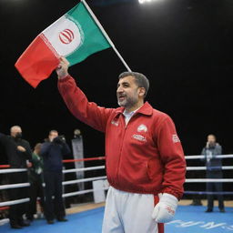 A triumphant man standing in a boxing ring, his gloved hand raised in victory. In his other hand, he waves the flag of Iran passionately.