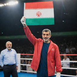 A triumphant man standing in a boxing ring, his gloved hand raised in victory. In his other hand, he waves the flag of Iran passionately.