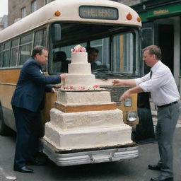 A scene of a broken-down bus carrying a wedding cake, with a mechanic attentively fixing it.