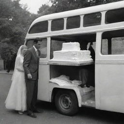 A scene of a broken-down bus carrying a wedding cake, with a mechanic attentively fixing it.