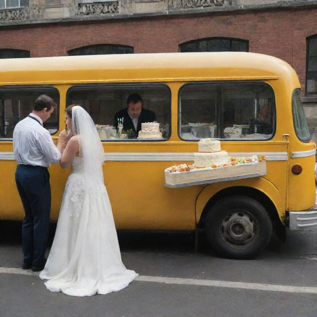 A scene of a broken-down bus carrying a wedding cake, with a mechanic attentively fixing it.