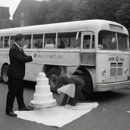 A scene of a broken-down bus carrying a wedding cake, with a mechanic attentively fixing it.