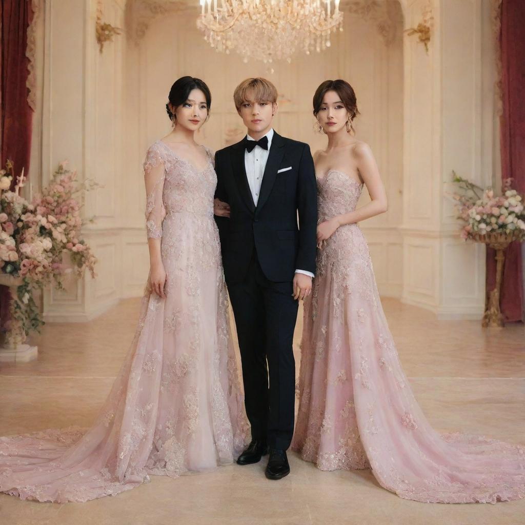 Bts V in an elegant suit, standing next to an imaginary woman dressed in a beautiful gown, in a tastefully decorated romantic setting.