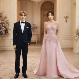 Bts V in an elegant suit, standing next to an imaginary woman dressed in a beautiful gown, in a tastefully decorated romantic setting.