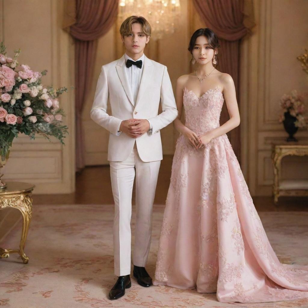 Bts V in an elegant suit, standing next to an imaginary woman dressed in a beautiful gown, in a tastefully decorated romantic setting.