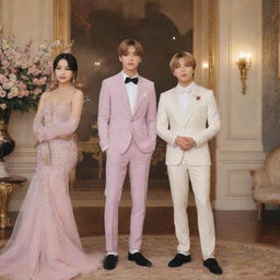 Bts V in an elegant suit, standing next to an imaginary woman dressed in a beautiful gown, in a tastefully decorated romantic setting.