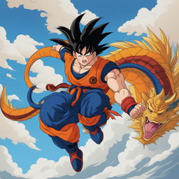 A high-quality digital art featuring Goku from Dragonball in Super Saiyan mode, riding a multicolored, majestic eastern-style dragon against a backdrop of clear blue sky