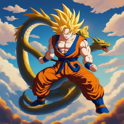 A high-quality digital art featuring Goku from Dragonball in Super Saiyan mode, riding a multicolored, majestic eastern-style dragon against a backdrop of clear blue sky