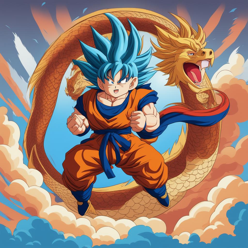 A high-quality digital art featuring Goku from Dragonball in Super Saiyan mode, riding a multicolored, majestic eastern-style dragon against a backdrop of clear blue sky