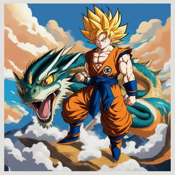 A high-quality digital art featuring Goku from Dragonball in Super Saiyan mode, riding a multicolored, majestic eastern-style dragon against a backdrop of clear blue sky