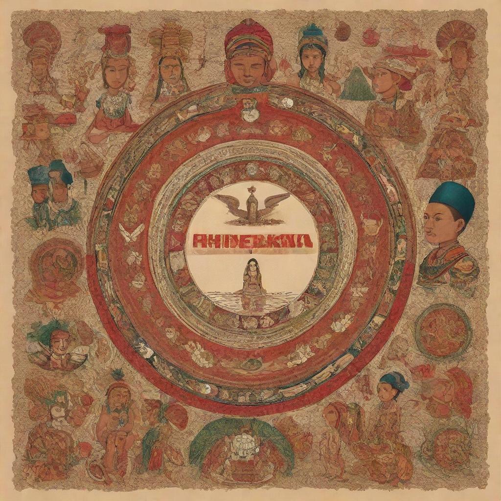 Illustration representing the Indonesian concept of 'Bhinneka Tunggal Ika', showcasing a variety of traditional and cultural symbols from different Indonesian ethnic groups unified under one nation.