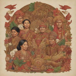 Illustration representing the Indonesian concept of 'Bhinneka Tunggal Ika', showcasing a variety of traditional and cultural symbols from different Indonesian ethnic groups unified under one nation.