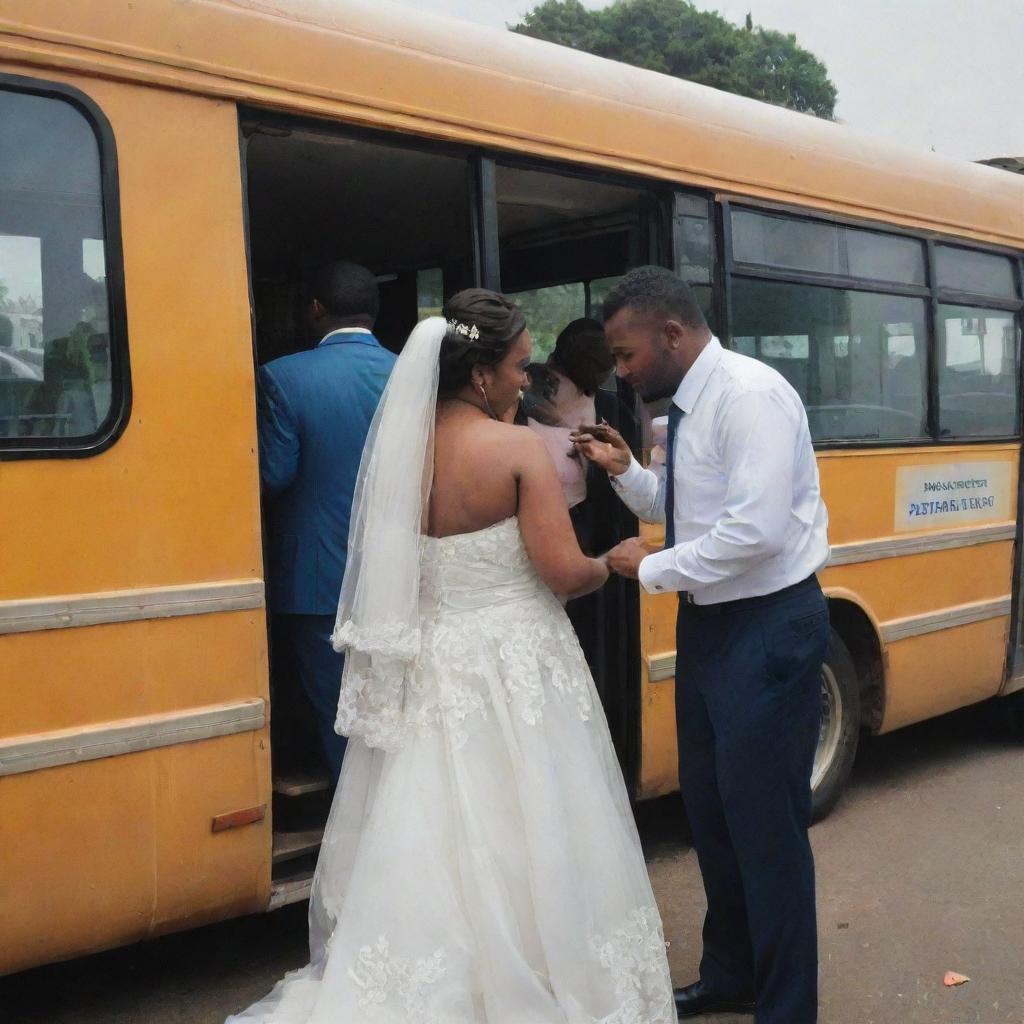 A bus carrying a newly wedded couple breaks down, with a diligent technician on site fixing it.