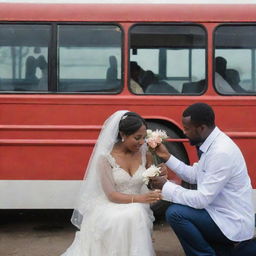 A bus carrying a newly wedded couple breaks down, with a diligent technician on site fixing it.