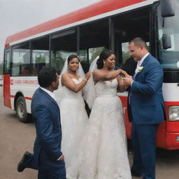 A bus carrying a newly wedded couple breaks down, with a diligent technician on site fixing it.