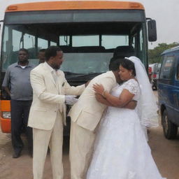 A bus carrying a newly wedded couple breaks down, with a diligent technician on site fixing it.