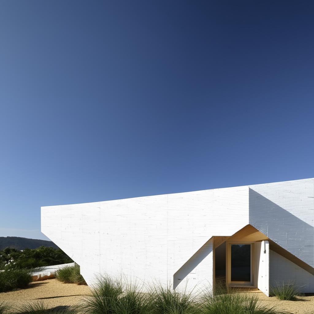 Architectural design of a T-shaped house, painted white, under clear blue skies