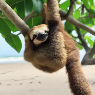 As they walked hand in hand along the beach, they noticed a cute two-toed sloth hanging from a tree.