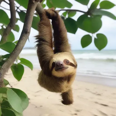 As they walked hand in hand along the beach, they noticed a cute two-toed sloth hanging from a tree.