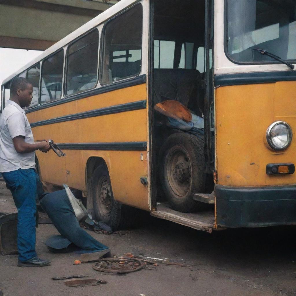 A scene of a bus that has experienced a mechanical breakdown, with a technician diligently fixing it.