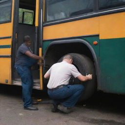 A scene of a bus that has experienced a mechanical breakdown, with a technician diligently fixing it.