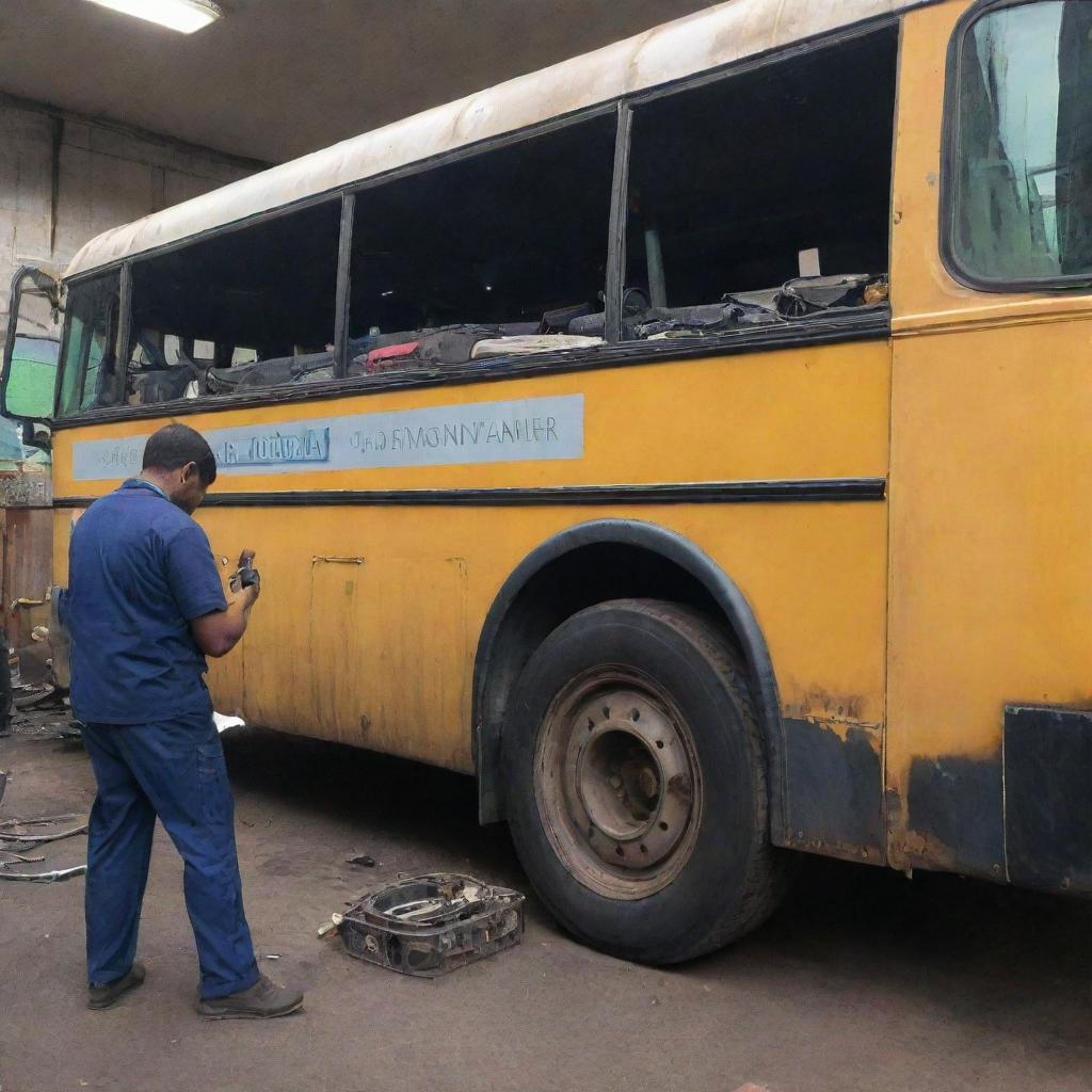 A scene of a bus that has experienced a mechanical breakdown, with a technician diligently fixing it.