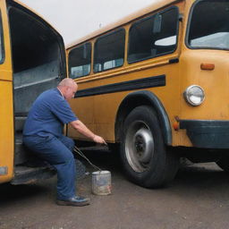 A scene of a bus that has experienced a mechanical breakdown, with a technician diligently fixing it.