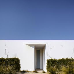 Architectural design of a T-shaped house, painted white, under clear blue skies