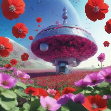 In the distant future, a spaceship lands on a planet covered in vibrant fish geraniums, creating an otherworldly landscape.