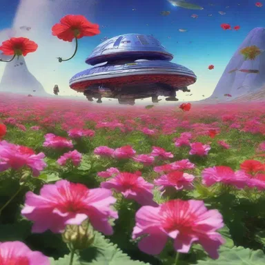 In the distant future, a spaceship lands on a planet covered in vibrant fish geraniums, creating an otherworldly landscape.