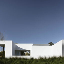 Architectural design of a T-shaped house, painted white, under clear blue skies