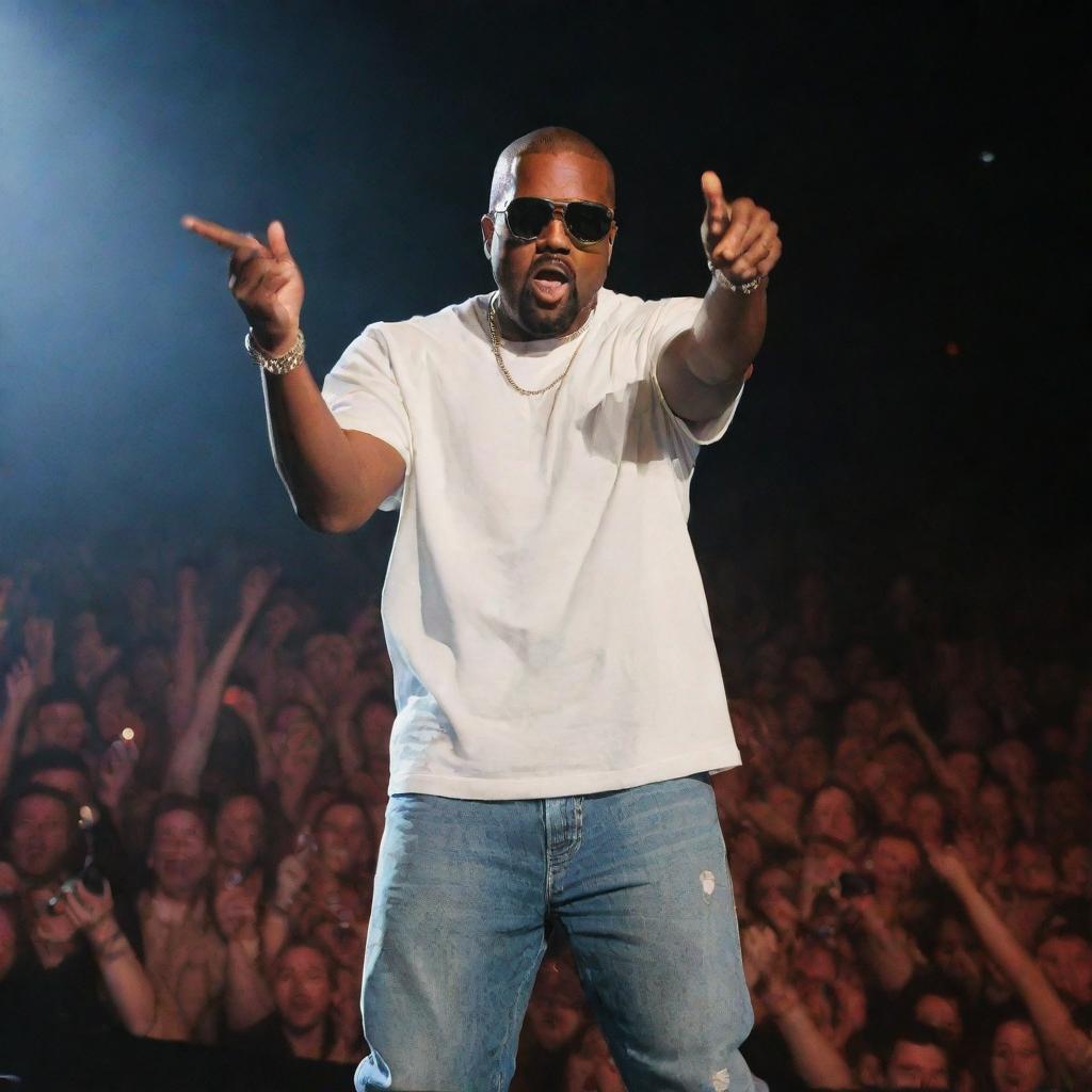 Kanye West, in his iconic shutter shades, performing on stage under blazing spotlights, surrounded by cheering fans.