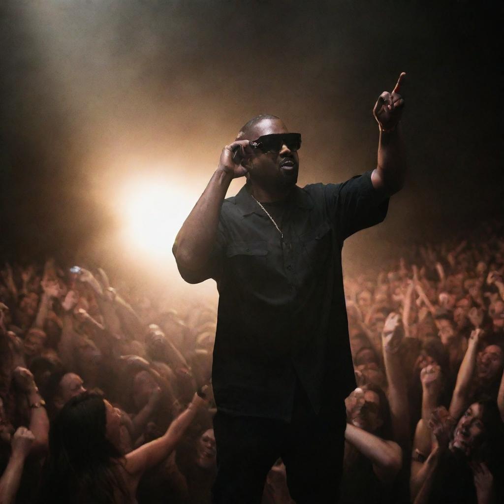 Kanye West, in his iconic shutter shades, performing on stage under blazing spotlights, surrounded by cheering fans.