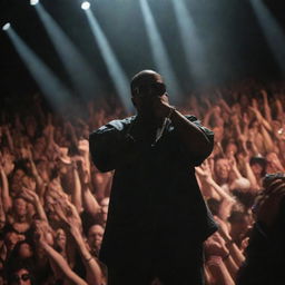 Kanye West, in his iconic shutter shades, performing on stage under blazing spotlights, surrounded by cheering fans.