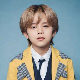 A child version of BTS V, showcasing his iconic fashion style and playfully charming expression