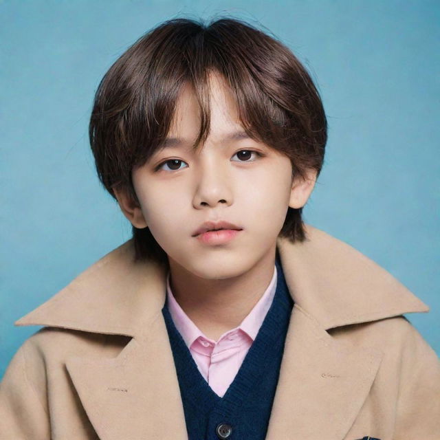 A child version of BTS V, showcasing his iconic fashion style and playfully charming expression