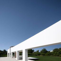 Architectural design of a T-shaped house, painted white, under clear blue skies