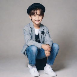 A child version of BTS V, showcasing his iconic fashion style and playfully charming expression